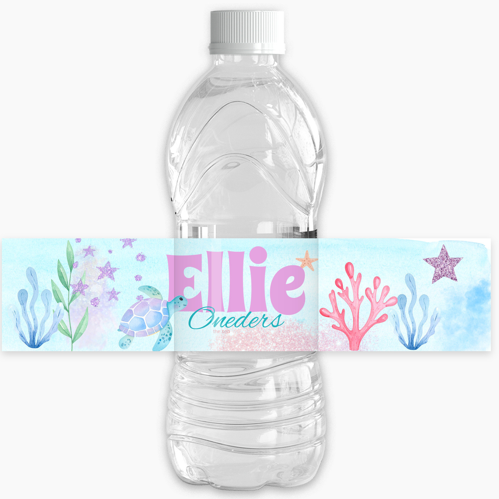 Under the Sea Personalised Drinks Labels on a water bottle