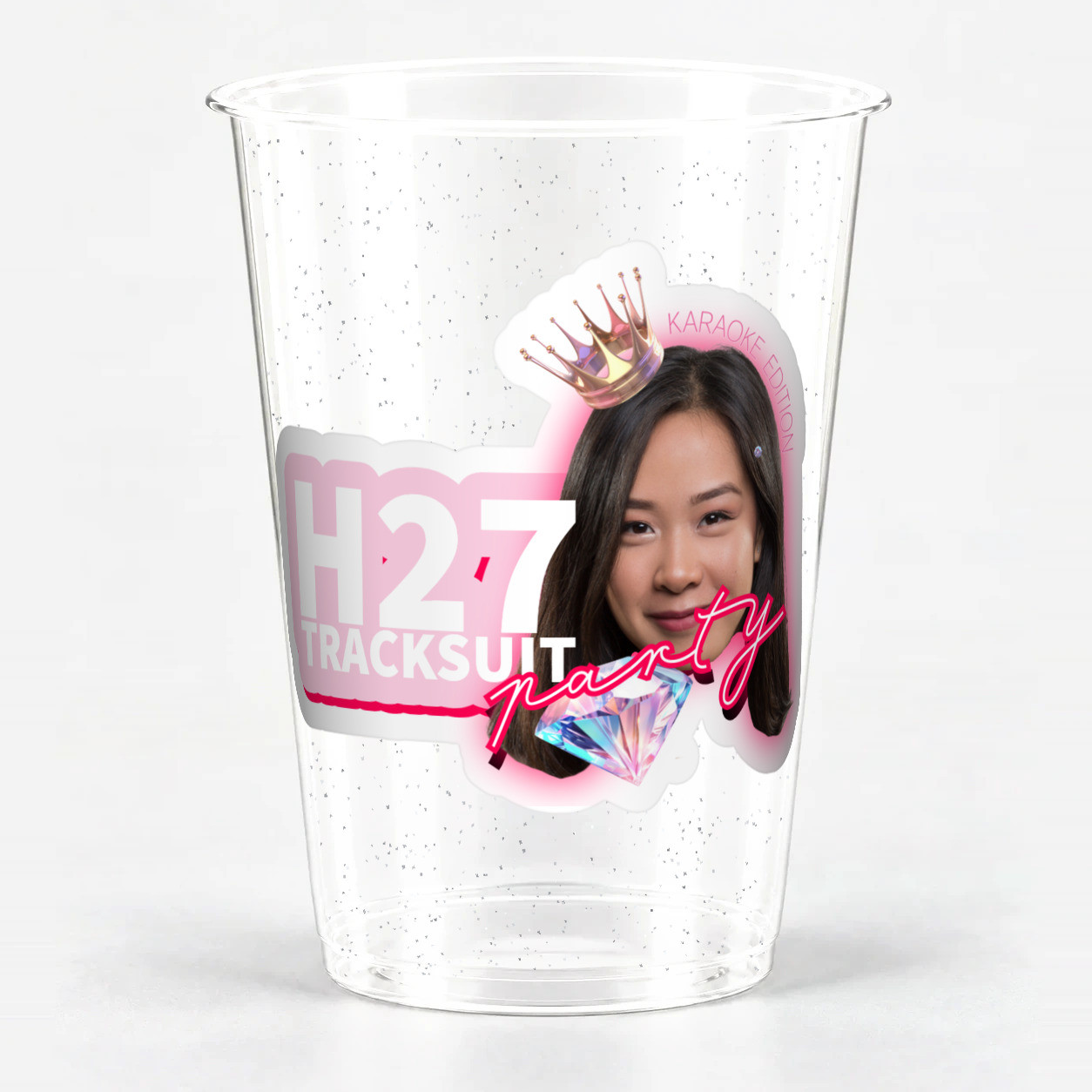 Personalised plastic cup with custom sticker label